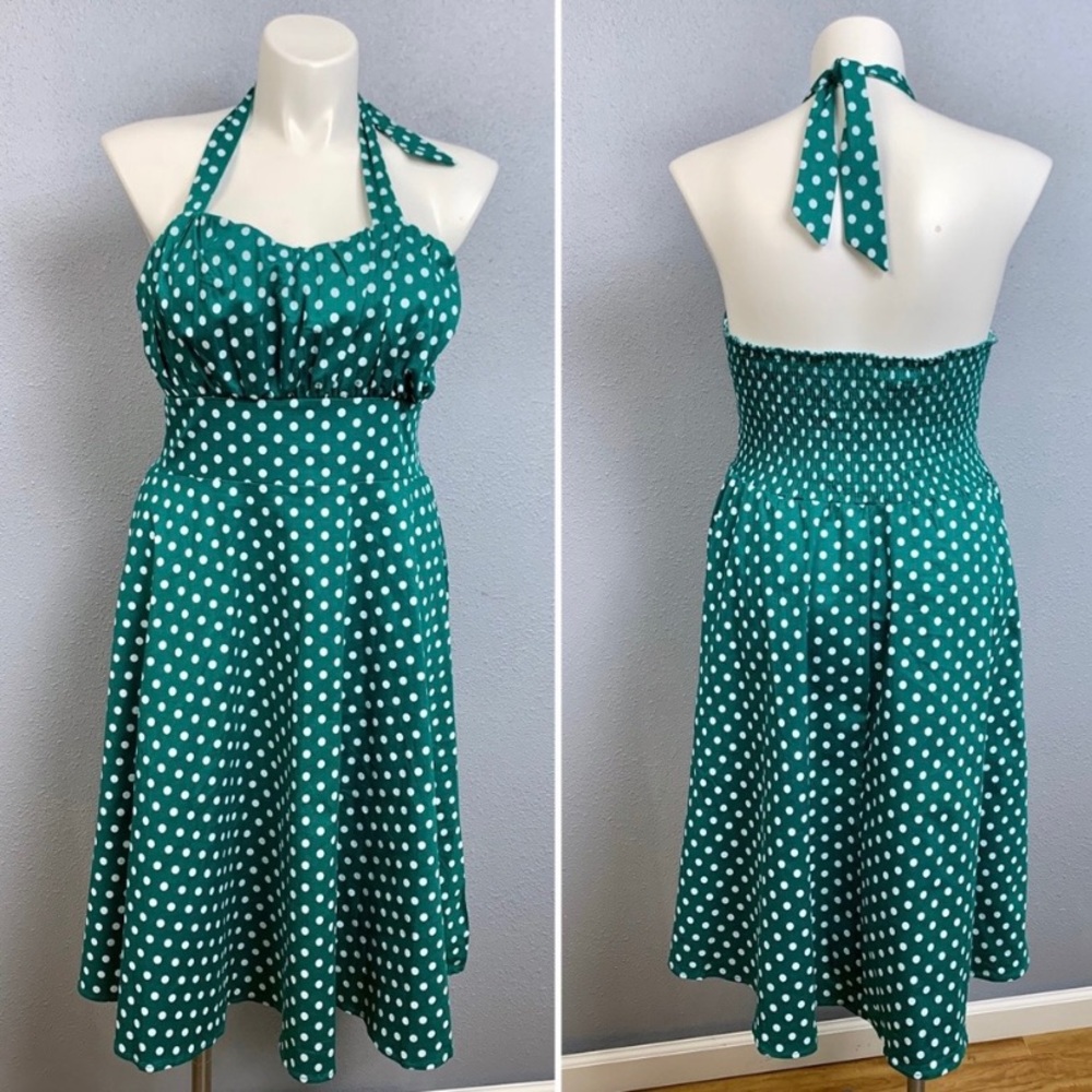3XL Vintage Retro Rockabilly Inspired Halter Dress A-Line Teal White Polka Dot
